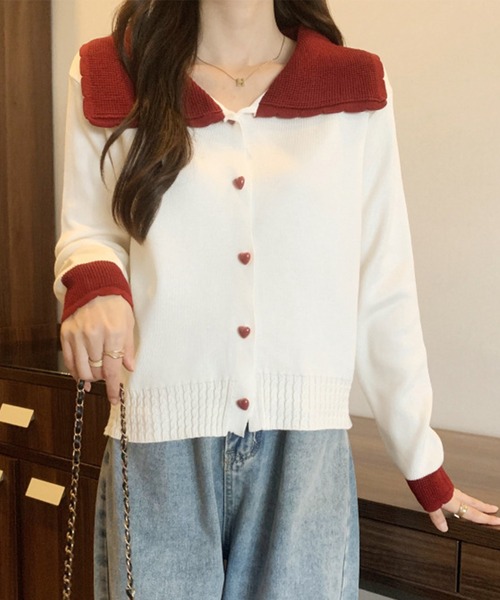 Lace Ladies(レースレディース)の「配色 ハート ボタン ビッグカラー ニット カーディガン(カーディガン/ボレロ・レディース・アイボリー/レッド/グレー・FREE)」の1枚目の写真