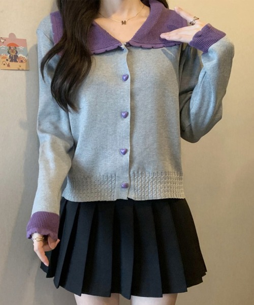 Lace Ladies(レースレディース)の「配色 ハート ボタン ビッグカラー ニット カーディガン(カーディガン/ボレロ・レディース・アイボリー/レッド/グレー・FREE)」の5枚目の写真