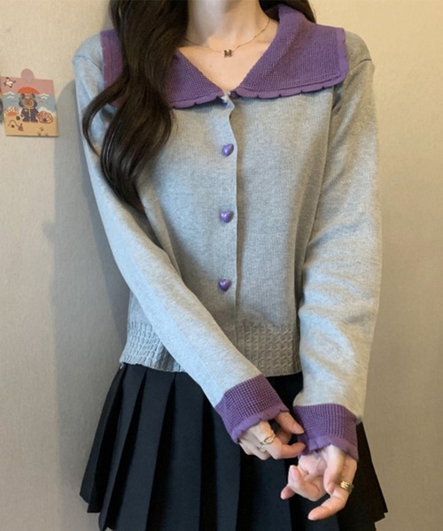 Lace Ladies(レースレディース)の「配色 ハート ボタン ビッグカラー ニット カーディガン(カーディガン/ボレロ・レディース・アイボリー/レッド/グレー・FREE)」の6枚目の写真