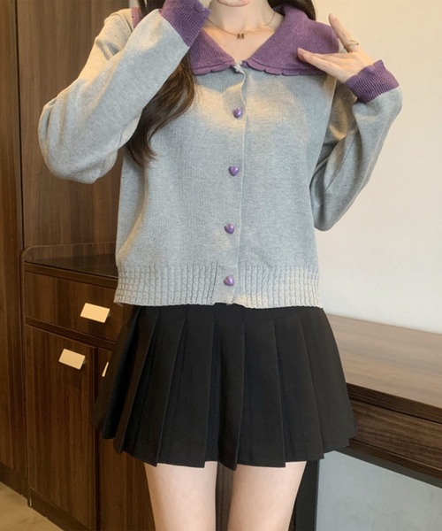 Lace Ladies(レースレディース)の「配色 ハート ボタン ビッグカラー ニット カーディガン(カーディガン/ボレロ・レディース・アイボリー/レッド/グレー・FREE)」の7枚目の写真