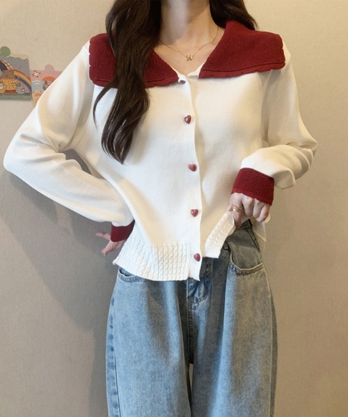 Lace Ladies(レースレディース)の「配色 ハート ボタン ビッグカラー ニット カーディガン(カーディガン/ボレロ・レディース・アイボリー/レッド/グレー・FREE)」の10枚目の写真