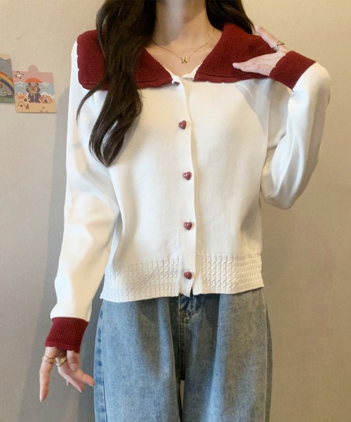 Lace Ladies(レースレディース)の「配色 ハート ボタン ビッグカラー ニット カーディガン(カーディガン/ボレロ・レディース・アイボリー/レッド/グレー・FREE)」の11枚目の写真