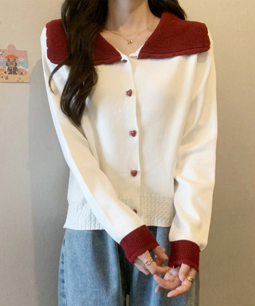 Lace Ladies(レースレディース)の「配色 ハート ボタン ビッグカラー ニット カーディガン(カーディガン/ボレロ・レディース・アイボリー/レッド/グレー・FREE)」の12枚目の写真