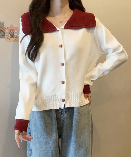 Lace Ladies(レースレディース)の「配色 ハート ボタン ビッグカラー ニット カーディガン(カーディガン/ボレロ・レディース・アイボリー/レッド/グレー・FREE)」の13枚目の写真