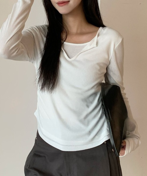 Lace Ladies(レースレディース)の「スキッパーネック レイヤード風 サイドギャザー 長袖 トップス(Tシャツ/カットソー・レディース・ブラック/グレー/ネイビー/ブラウン/ホワイト・FREE)」の1枚目の写真