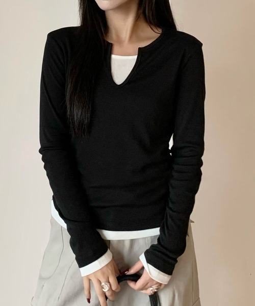 Lace Ladies(レースレディース)の「スキッパーネック レイヤード風 サイドギャザー 長袖 トップス(Tシャツ/カットソー・レディース・ブラック/グレー/ネイビー/ブラウン/ホワイト・FREE)」の2枚目の写真