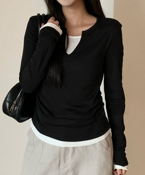 Lace Ladies(レースレディース)の「スキッパーネック レイヤード風 サイドギャザー 長袖 トップス(Tシャツ/カットソー・レディース・ブラック/グレー/ネイビー/ブラウン/ホワイト・FREE)」の7枚目の写真