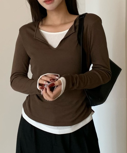 Lace Ladies(レースレディース)の「スキッパーネック レイヤード風 サイドギャザー 長袖 トップス(Tシャツ/カットソー・レディース・ブラック/グレー/ネイビー/ブラウン/ホワイト・FREE)」の10枚目の写真