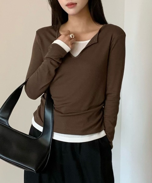 Lace Ladies(レースレディース)の「スキッパーネック レイヤード風 サイドギャザー 長袖 トップス(Tシャツ/カットソー・レディース・ブラック/グレー/ネイビー/ブラウン/ホワイト・FREE)」の11枚目の写真