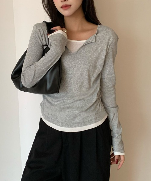 Lace Ladies(レースレディース)の「スキッパーネック レイヤード風 サイドギャザー 長袖 トップス(Tシャツ/カットソー・レディース・ブラック/グレー/ネイビー/ブラウン/ホワイト・FREE)」の12枚目の写真