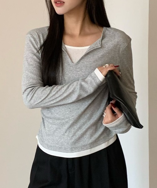 Lace Ladies(レースレディース)の「スキッパーネック レイヤード風 サイドギャザー 長袖 トップス(Tシャツ/カットソー・レディース・ブラック/グレー/ネイビー/ブラウン/ホワイト・FREE)」の13枚目の写真