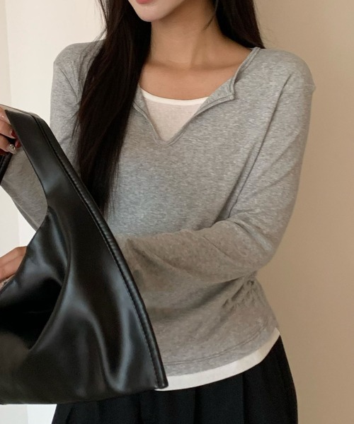 Lace Ladies(レースレディース)の「スキッパーネック レイヤード風 サイドギャザー 長袖 トップス(Tシャツ/カットソー・レディース・ブラック/グレー/ネイビー/ブラウン/ホワイト・FREE)」の14枚目の写真