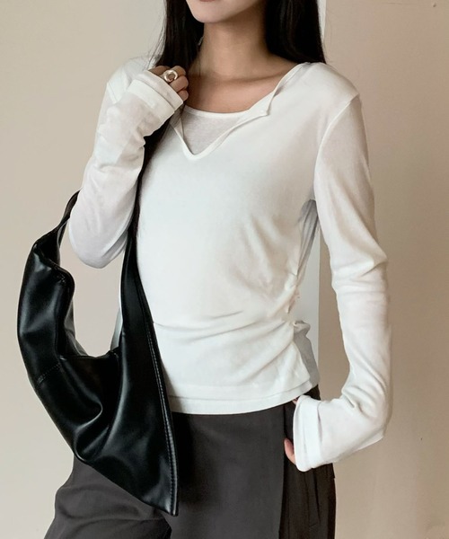 Lace Ladies(レースレディース)の「スキッパーネック レイヤード風 サイドギャザー 長袖 トップス(Tシャツ/カットソー・レディース・ブラック/グレー/ネイビー/ブラウン/ホワイト・FREE)」の16枚目の写真