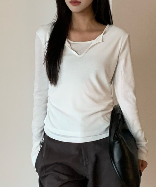 Lace Ladies(レースレディース)の「スキッパーネック レイヤード風 サイドギャザー 長袖 トップス(Tシャツ/カットソー・レディース・ブラック/グレー/ネイビー/ブラウン/ホワイト・FREE)」の17枚目の写真
