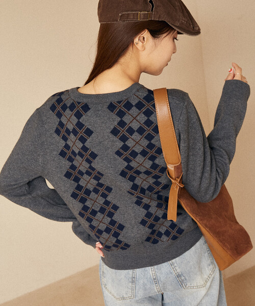 PUBLUX（パブリュクス）の「PUBLUX/パブリュクス アーガイル柄 ジャガード ニットカーデ　限定展開（カーディガン/ボレロ・レディース・ブラウン/ブラック/グレー・ﾌﾘ-）」の5枚目の写真