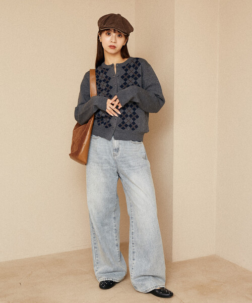 PUBLUX（パブリュクス）の「PUBLUX/パブリュクス アーガイル柄 ジャガード ニットカーデ　限定展開（カーディガン/ボレロ・レディース・ブラウン/ブラック/グレー・ﾌﾘ-）」の8枚目の写真