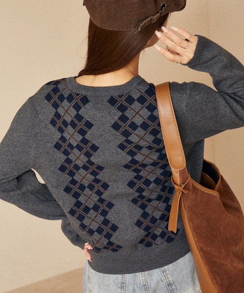 PUBLUX（パブリュクス）の「PUBLUX/パブリュクス アーガイル柄 ジャガード ニットカーデ　限定展開（カーディガン/ボレロ・レディース・ブラウン/ブラック/グレー・ﾌﾘ-）」の11枚目の写真