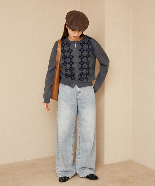 PUBLUX（パブリュクス）の「PUBLUX/パブリュクス アーガイル柄 ジャガード ニットカーデ　限定展開（カーディガン/ボレロ・レディース・ブラウン/ブラック/グレー・ﾌﾘ-）」の13枚目の写真