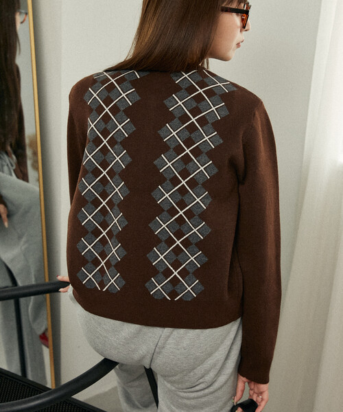 PUBLUX（パブリュクス）の「PUBLUX/パブリュクス アーガイル柄 ジャガード ニットカーデ　限定展開（カーディガン/ボレロ・レディース・ブラウン/ブラック/グレー・ﾌﾘ-）」の19枚目の写真
