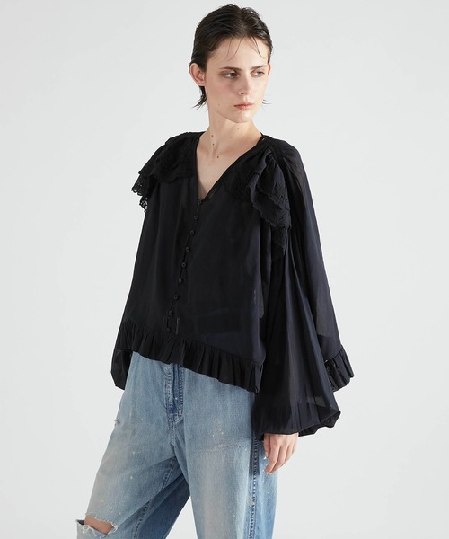 crinkle crinkle crinkle（クリンクルクリンクルクリンクル）の「【crinkle crinkle crinkle】scallop frill blouse/スカラップフリルブラウス（シャツ/ブラウス・レディース・ブラック/ホワイト・FREE）」の13枚目の写真