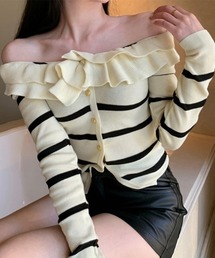フリルニットトップス オフショルダー秋服