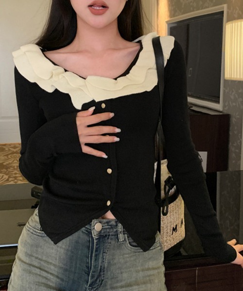 フリル付きオフショルダー トップス グレー フリルオフショルダーサマーニット