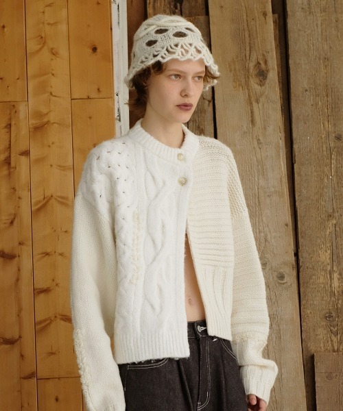 Bijou Cable Knit Cardigan HLT 白　ホワイト セール】Cable&Dot Mohair Hat（ニットキャップ/ビーニー）｜leinwande