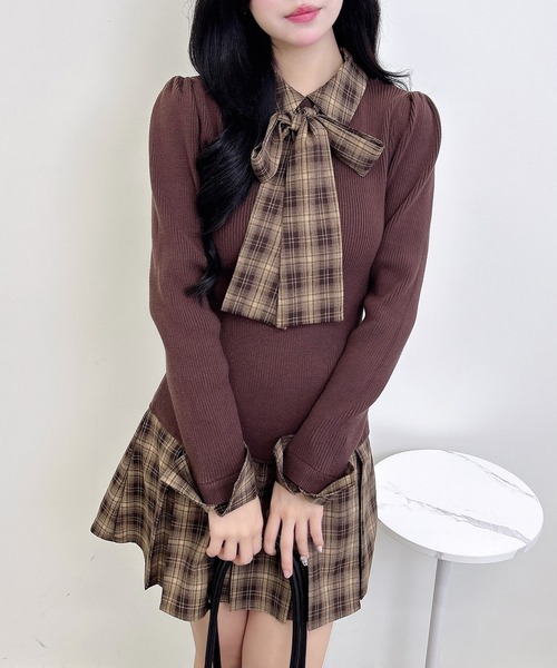 セール】チェック柄ボウタイシャツドッキングニットワンピース