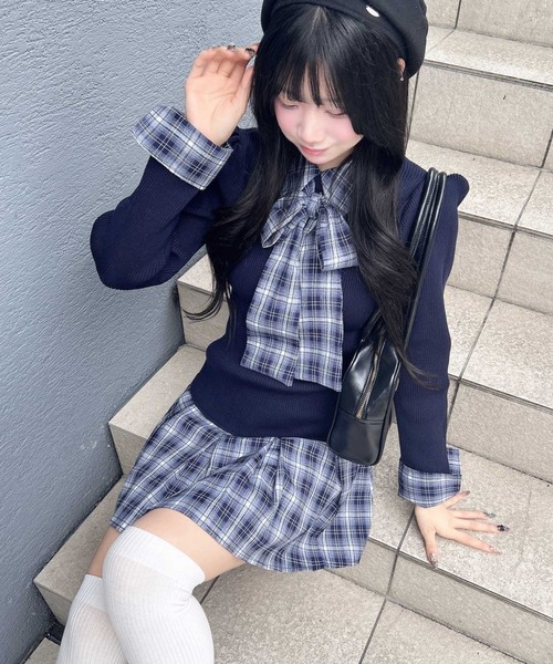 INGNI（イング）の「チェック柄ボウタイシャツドッキングニットワンピース（ワンピース・レディース・ブラック×ブラック/ネイビー系/ブラウン系7・M）」の3枚目の写真