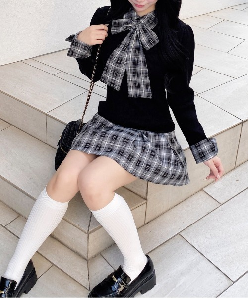 KACHI サッカーウェア セット ブラック チェック柄 セール】チェック柄ボウタイシャツドッキングニットワンピース