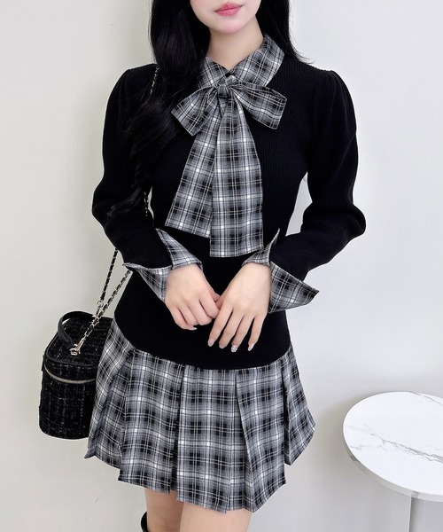 INGNI（イング）の「チェック柄ボウタイシャツドッキングニットワンピース（ワンピース・レディース・ブラック×ブラック/ネイビー系/ブラウン系7・M）」の4枚目の写真