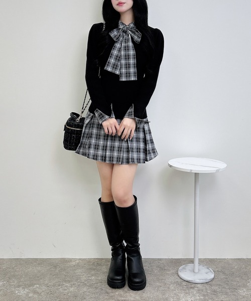 INGNI（イング）の「チェック柄ボウタイシャツドッキングニットワンピース（ワンピース・レディース・ブラック×ブラック/ネイビー系/ブラウン系7・M）」の6枚目の写真