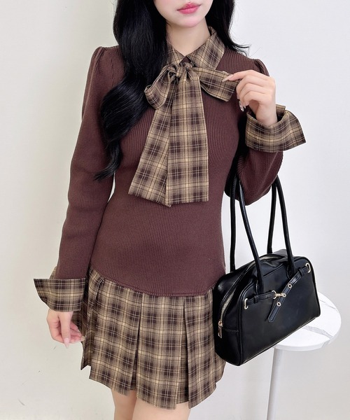 INGNI（イング）の「チェック柄ボウタイシャツドッキングニットワンピース（ワンピース・レディース・ブラック×ブラック/ネイビー系/ブラウン系7・M）」の10枚目の写真