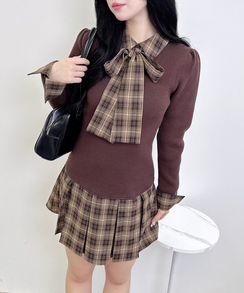 INGNI（イング）の「チェック柄ボウタイシャツドッキングニットワンピース（ワンピース・レディース・ブラック×ブラック/ネイビー系/ブラウン系7・M）」の8枚目の写真