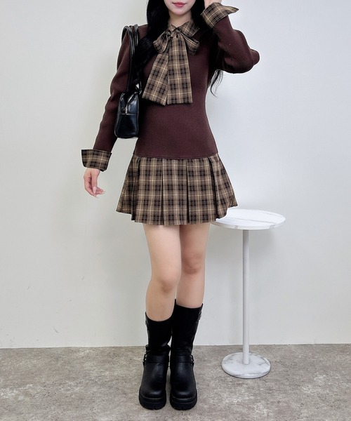 INGNI（イング）の「チェック柄ボウタイシャツドッキングニットワンピース（ワンピース・レディース・ブラック×ブラック/ネイビー系/ブラウン系7・M）」の18枚目の写真