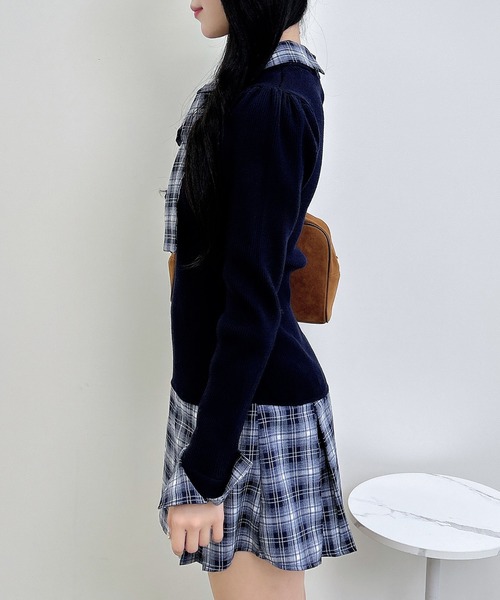 INGNI（イング）の「チェック柄ボウタイシャツドッキングニットワンピース（ワンピース・レディース・ブラック×ブラック/ネイビー系/ブラウン系7・M）」の15枚目の写真