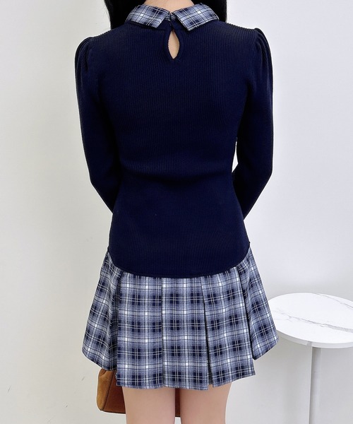 セール】チェック柄ボウタイシャツドッキングニットワンピース