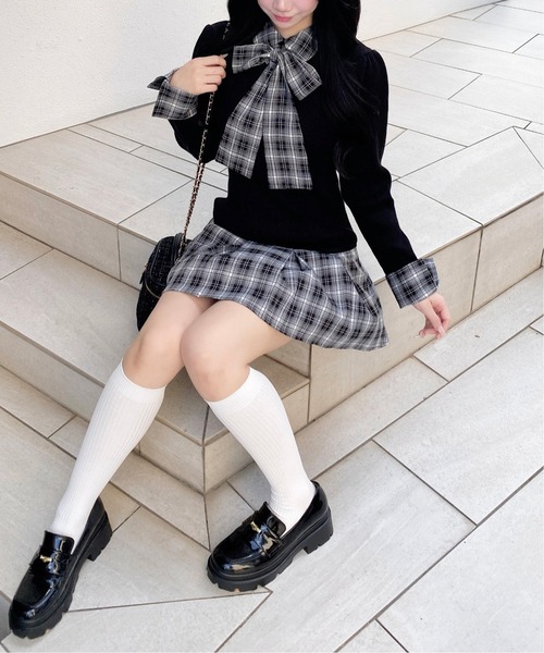 セール】チェック柄ボウタイシャツドッキングニットワンピース