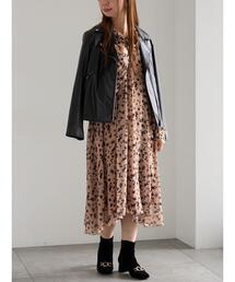 フラワーシフォンフリルネックドレス