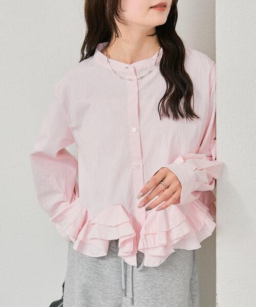 新色ホワイト/ピンク/ブルー2】ウェーブフリルブラウス（シャツ