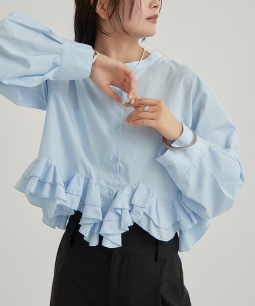 mystic（ミスティック）の「【新色ホワイト/ピンク/ブルー2】ウェーブフリルブラウス（シャツ/ブラウス・レディース・オフホワイト/ブルー/ホワイト/ピンク/ブルー系その他2・FREE）」の4枚目の写真