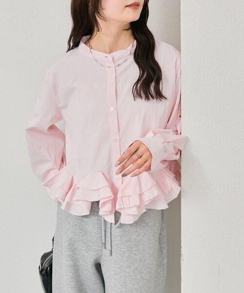 美品・定番✨ドゥロワー　シルクコットン　フリルブラウス　シャツ　長袖　ピンク 新色ホワイト/ピンク/ブルー2】ウェーブフリルブラウス（シャツ