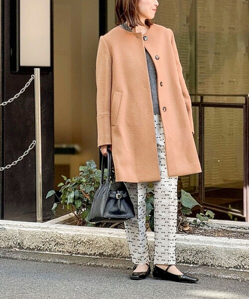 セール】ブローチ付きAラインノーカラーコート（ノーカラーコート