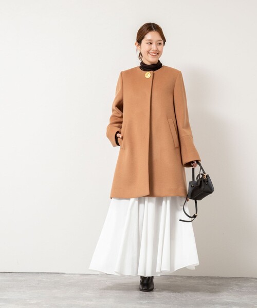 ブローチ付きAラインノーカラーコート（ノーカラーコート）｜NOLLEY'S