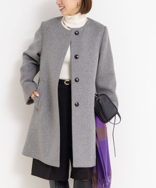 セール】ブローチ付きAラインノーカラーコート（ノーカラーコート