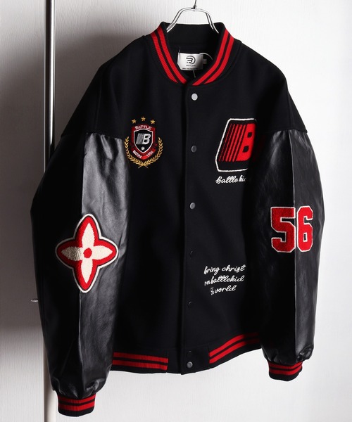 セール】サガラ刺繍フェルト × PU袖 スタジアムジャンパー（スタジャン