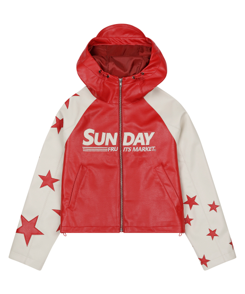 W) STAR FAUX LEATHER JACKET RED（ライダースジャケット）｜SUNDAY