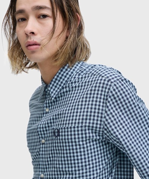 FRED PERRY（フレッドペリー）の「先行予約受付中／Gingham Short Sleeve Shirt／ギンガムチェック半袖シャツ（シャツ/ブラウス・メンズ・セージグリーン/ライトブルー・S/M/L）」の4枚目の写真