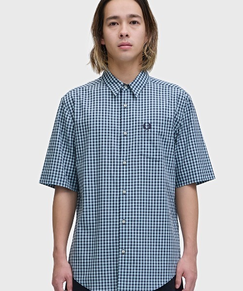 FRED PERRY（フレッドペリー）の「先行予約受付中／Gingham Short Sleeve Shirt／ギンガムチェック半袖シャツ（シャツ/ブラウス・メンズ・セージグリーン/ライトブルー・S/M/L）」の5枚目の写真