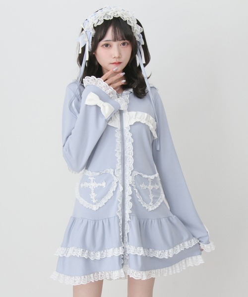 セール】姫系うさ耳レースフリルハートポケットパーカーワンピース